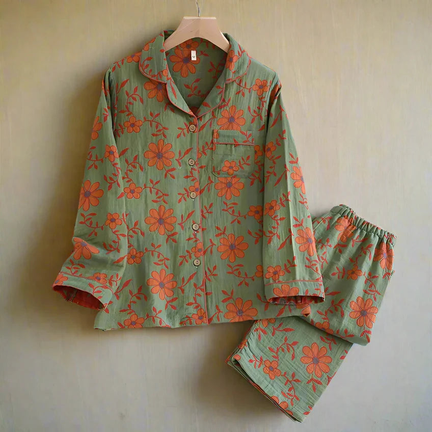 Pyjama Femme Deux Pièces – Coton Pur – Chemise à Manches Longues – Pantalon Taille Élastique