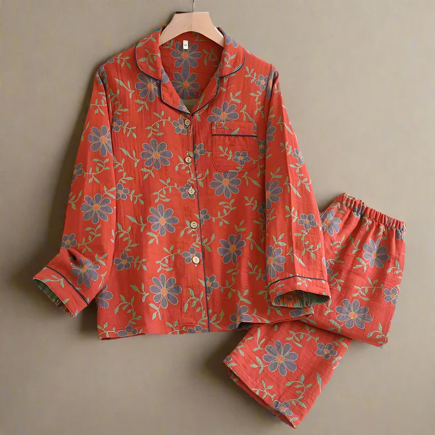 Pyjama Femme Deux Pièces – Coton Pur – Chemise à Manches Longues – Pantalon Taille Élastique