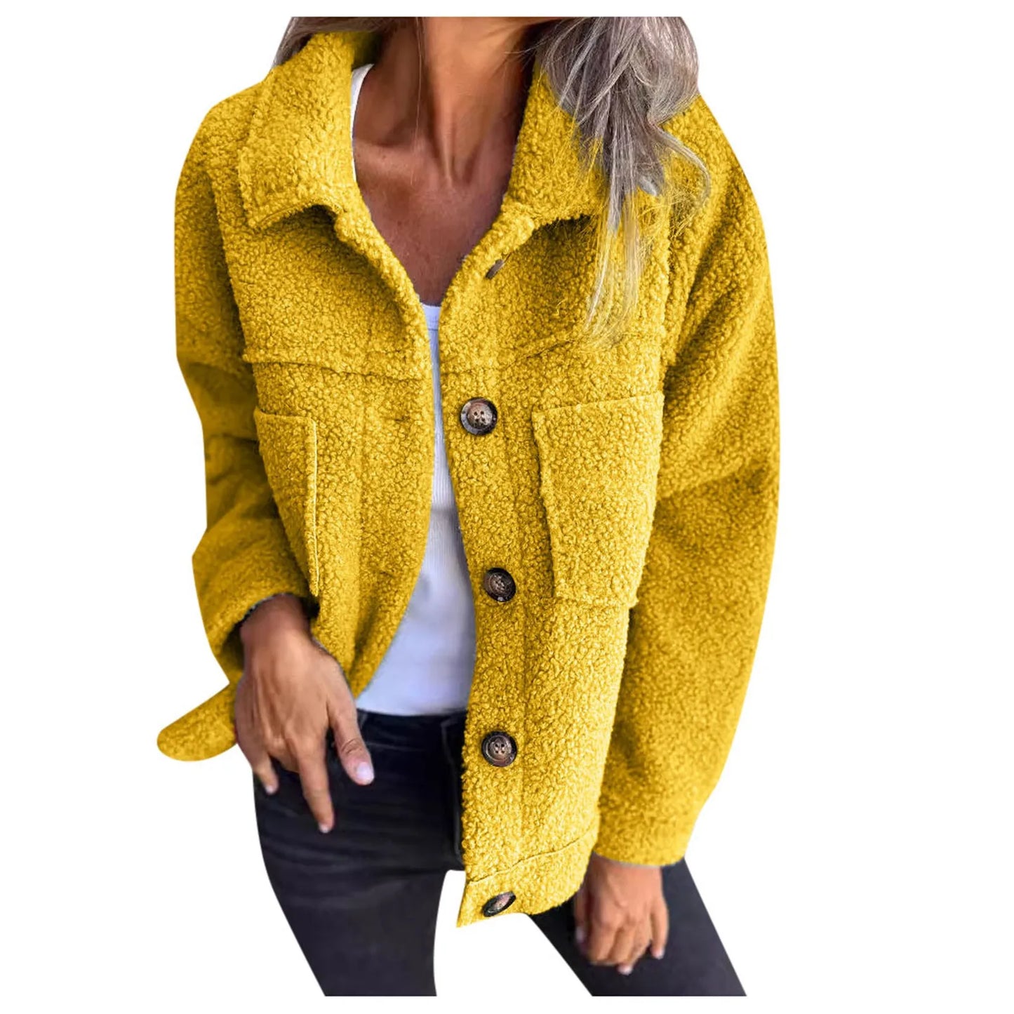 Veste Femme - Molleton Sherpa Doux - Coupe Oversize - Col Chemise - Poches Avant