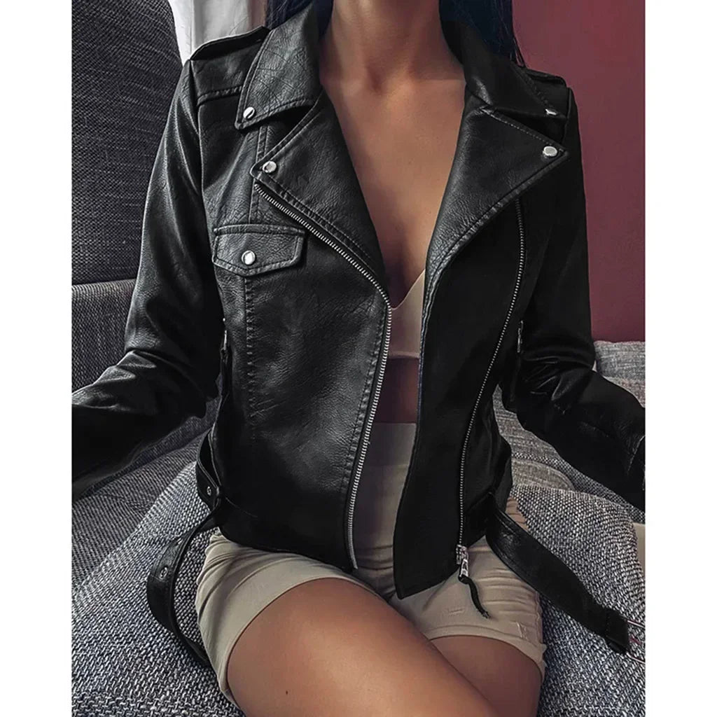 Veste Biker Femme - Cuir Véritable - Coupe Ajustée - Détails Zippés et Ceinture