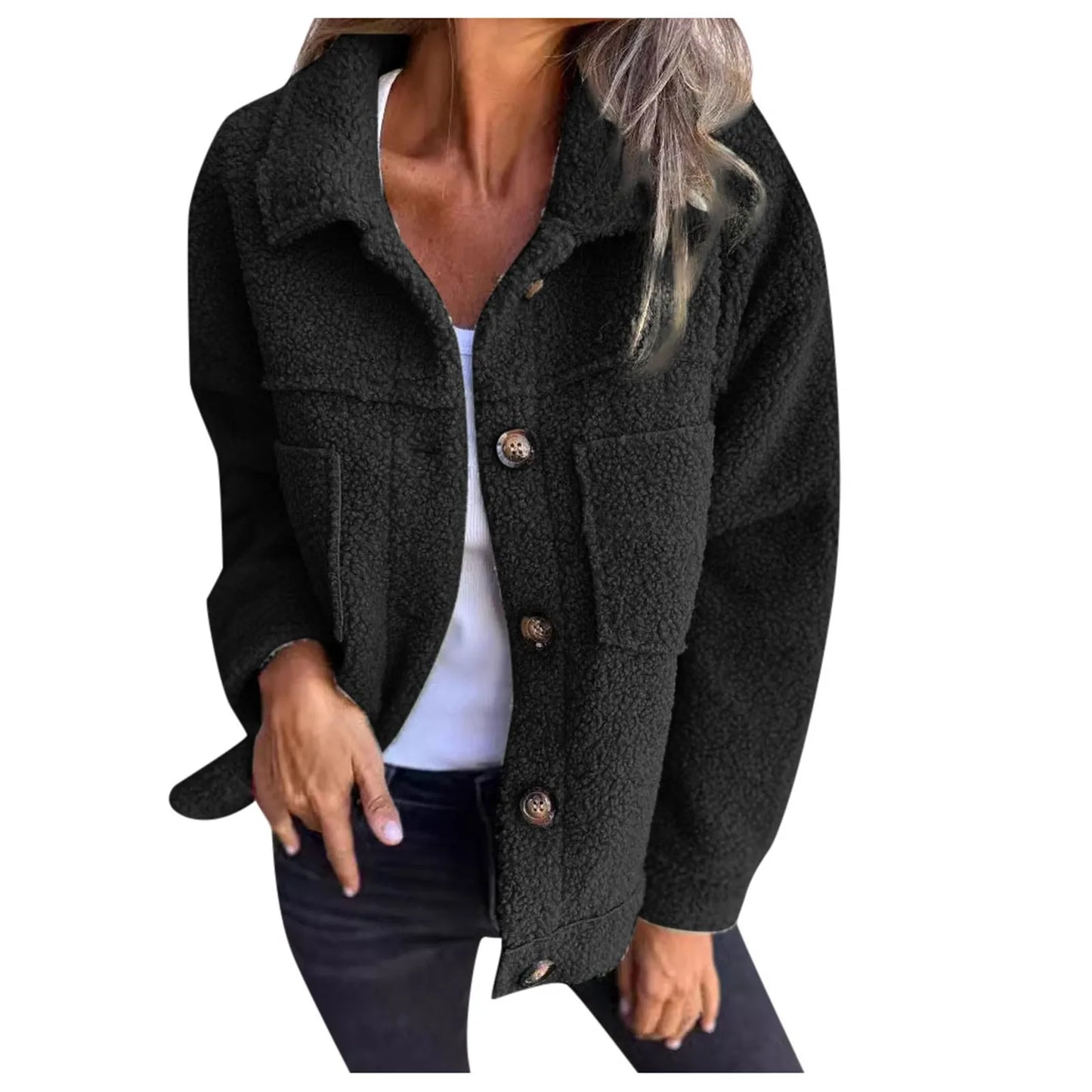 Veste Femme - Molleton Sherpa Doux - Coupe Oversize - Col Chemise - Poches Avant