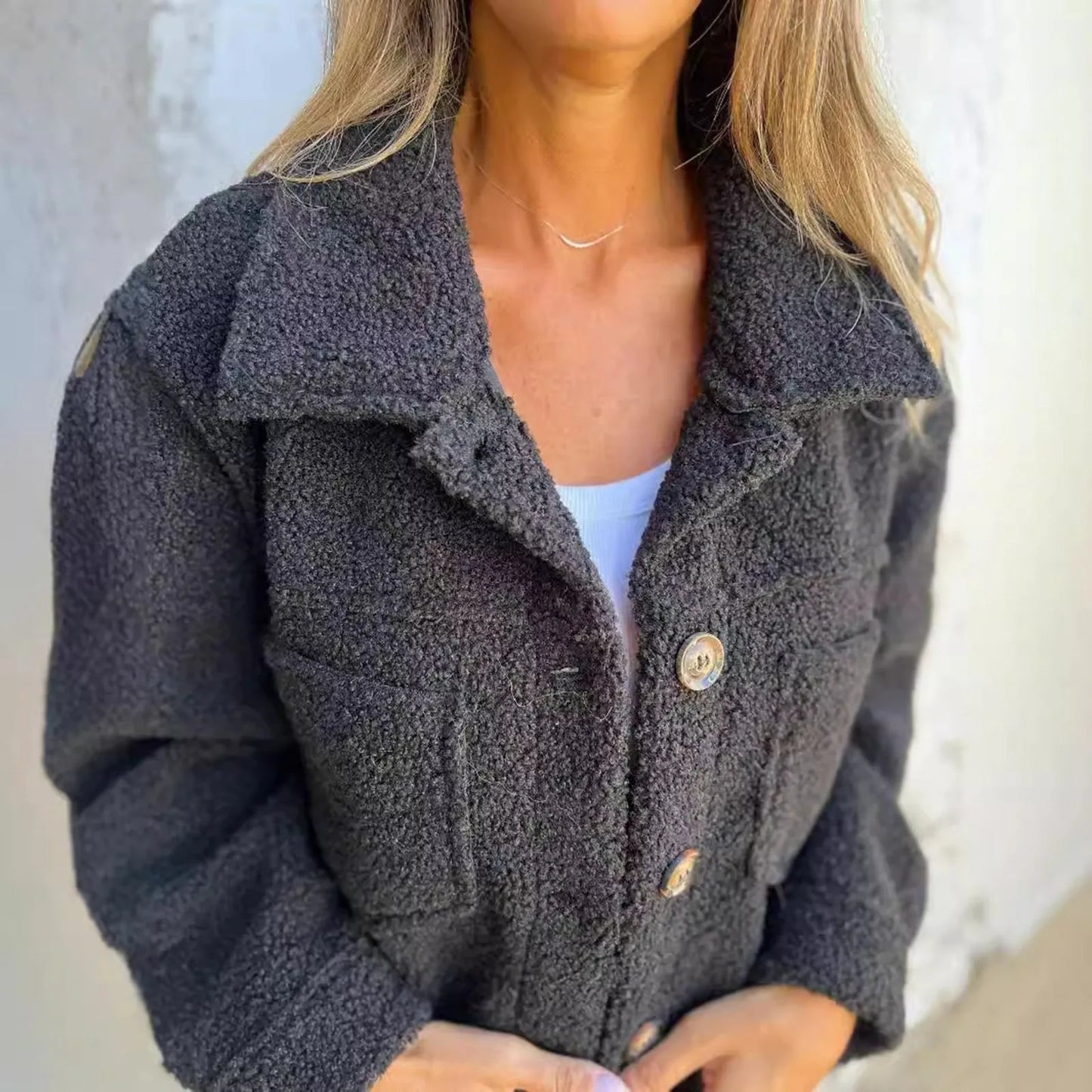 Veste Femme - Molleton Sherpa Doux - Coupe Oversize - Col Chemise - Poches Avant