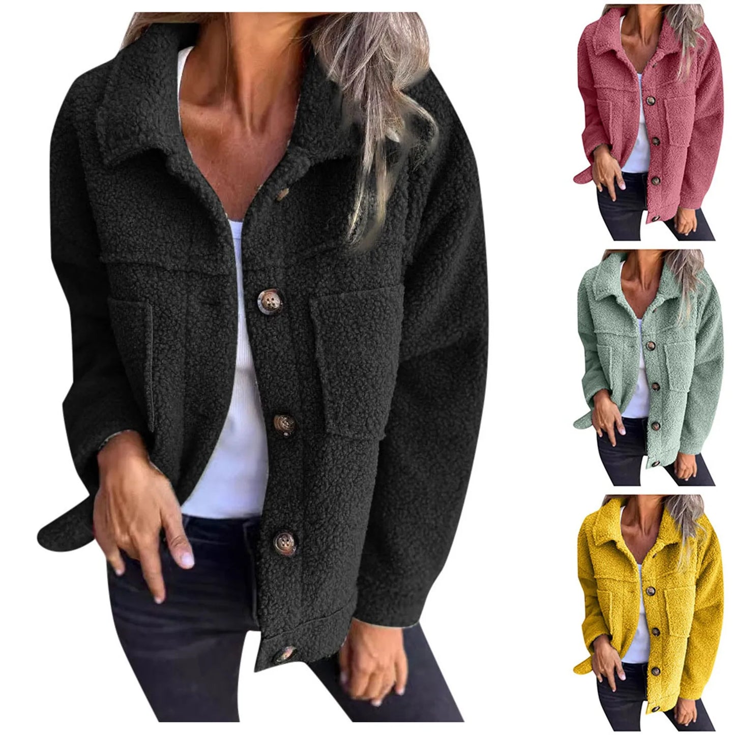 Veste Femme - Molleton Sherpa Doux - Coupe Oversize - Col Chemise - Poches Avant