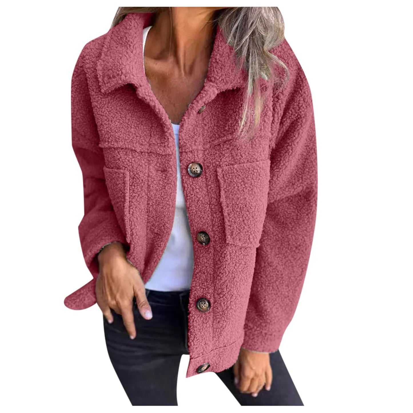 Veste Femme - Molleton Sherpa Doux - Coupe Oversize - Col Chemise - Poches Avant
