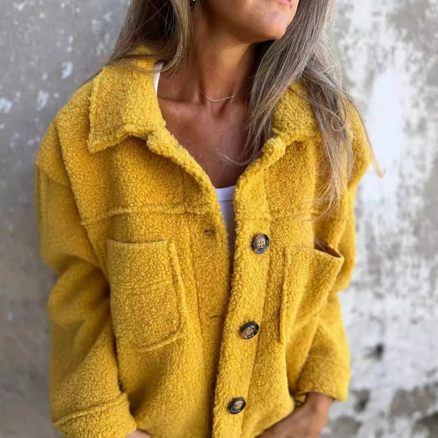Veste Femme - Molleton Sherpa Doux - Coupe Oversize - Col Chemise - Poches Avant