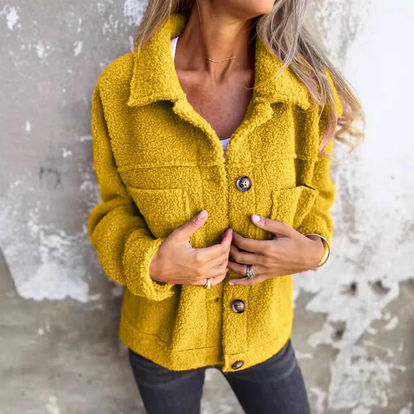 Veste Femme - Molleton Sherpa Doux - Coupe Oversize - Col Chemise - Poches Avant