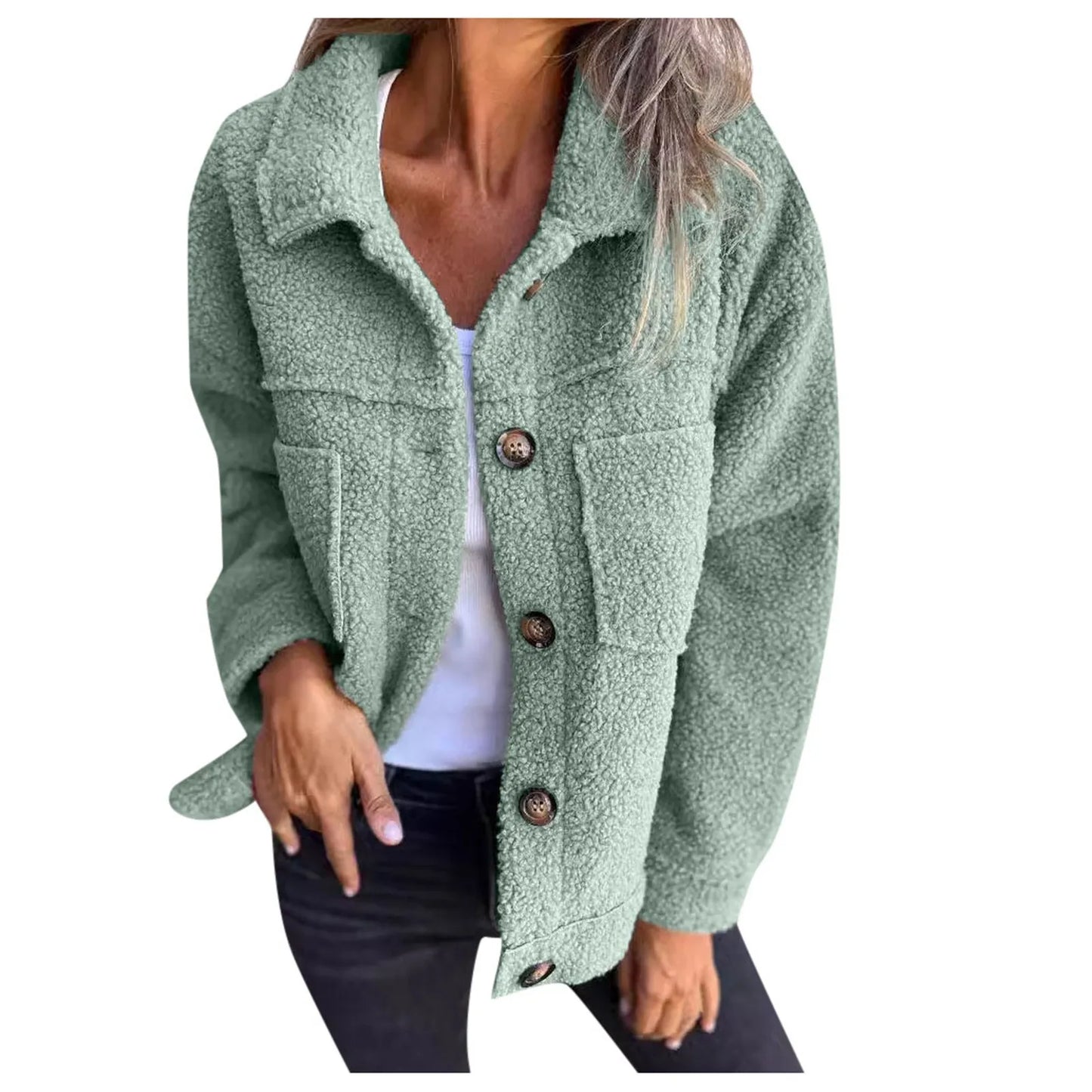 Veste Femme - Molleton Sherpa Doux - Coupe Oversize - Col Chemise - Poches Avant