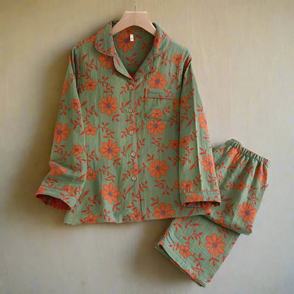 Pyjama Femme Deux Pièces – Coton Pur – Chemise à Manches Longues – Pantalon Taille Élastique