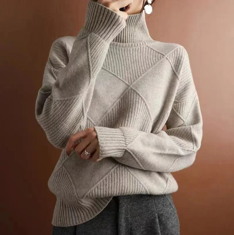 Femme Pull Col Roulé – Laine Mérinos – Maille Texturée – Coupe Ample Confortable