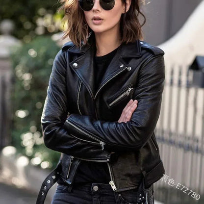 Veste Biker Femme - Cuir Véritable - Coupe Ajustée - Détails Zippés et Ceinture