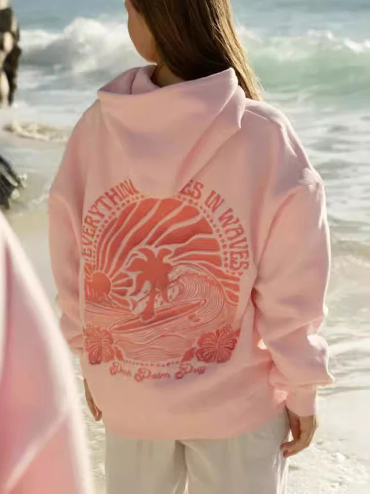 Hoodie Femme – Motif Graphique Surf – Coupe Décontractée – Capuche Confortable