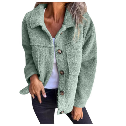 Veste Femme - Molleton Sherpa Doux - Coupe Oversize - Col Chemise - Poches Avant